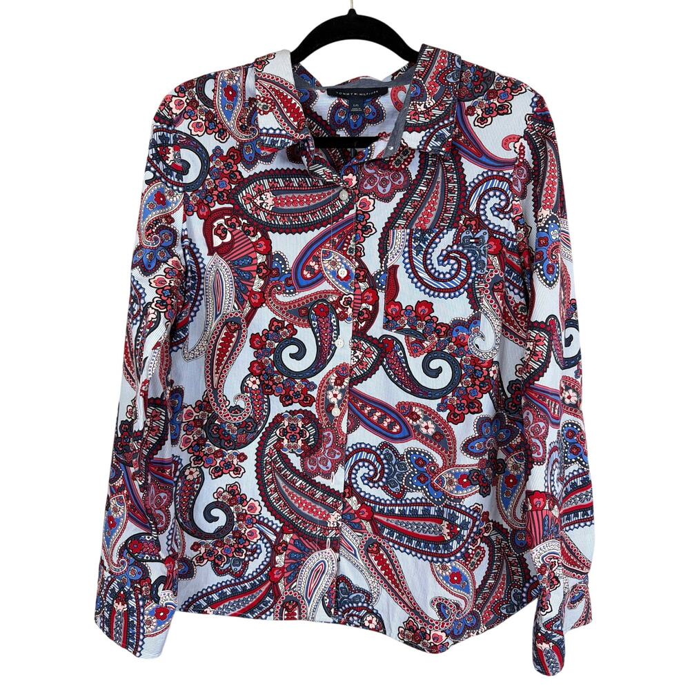 NWT TOMMY HILFIGER PAISLEY BLOUSE MULTICOLOR COTTON BUTTON FRONT TOP WOMENS LG